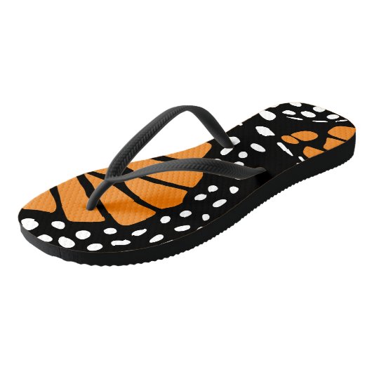 Abstrakter Orangen- und Schwarzmonarchschmetterlin Badesandalen (Schrägansicht)