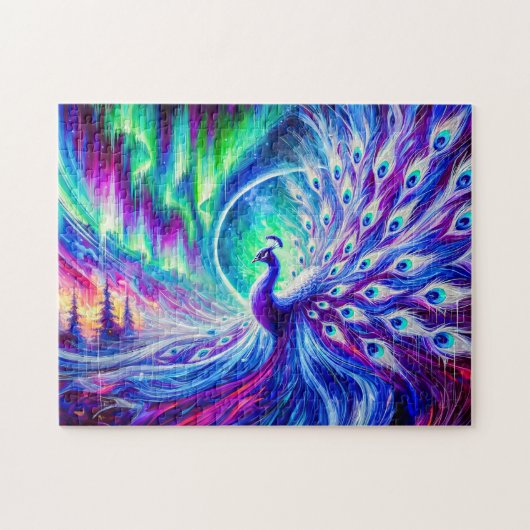 Abstrakter Pfau im Winter mit Nordlichter Puzzle (Horizontal)