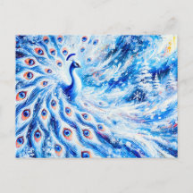 Abstrakter Pfau im Winter mit Schnee in Farbe