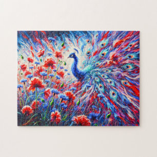 Abstrakter Pfau mit Papaya und Kornblumen Puzzle