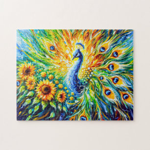 Abstrakter Pfau mit Sonnenblumen in der Malerei Puzzle