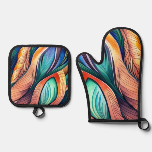 Abstrakter Pfau Ofenhandschuh & Topflappen-Set (Vorderseite)