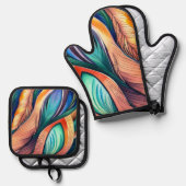 Abstrakter Pfau Ofenhandschuh & Topflappen-Set (Vorderseite/Rückseite)