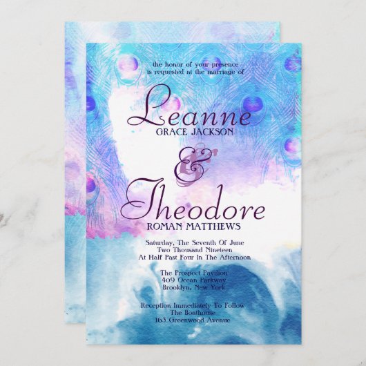 Abstrakter Pfau, Watercolor-Hochzeits-Einladung Einladung (Vorne/Hinten)