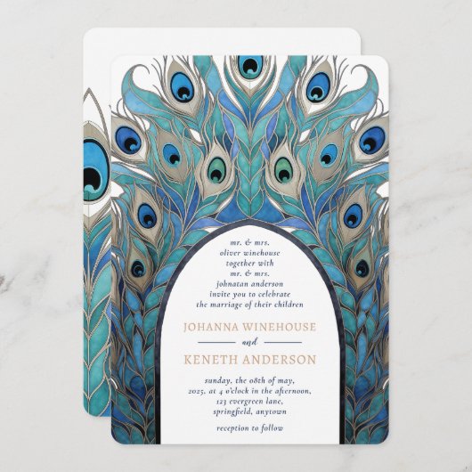 Abstrakter Pfauenbogen | Monogramm Einladung (Vorne/Hinten)