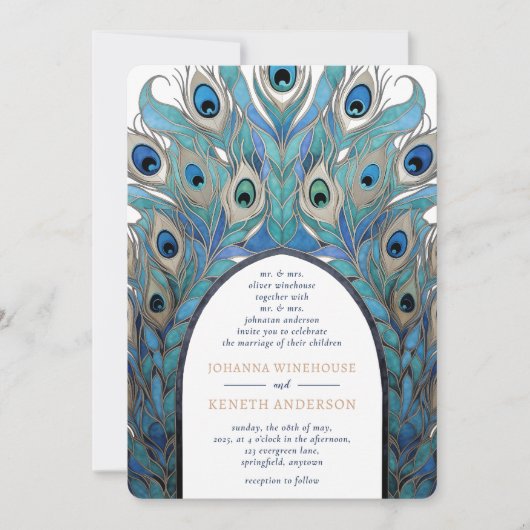 Abstrakter Pfauenbogen | Monogramm Einladung (Vorderseite)