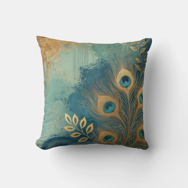 Abstrakter Pfauengoldgelber Blattstil 17 Kissen (Vorderseite)