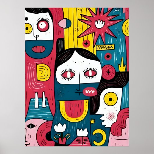 Abstrakter Pop Kunstgesichter - Moderner Doodle-Au Poster (Vorne)
