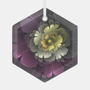Abstrakter Purpur Khaki Grau Fraktal-Blume Sechsec Ornament Aus Glas