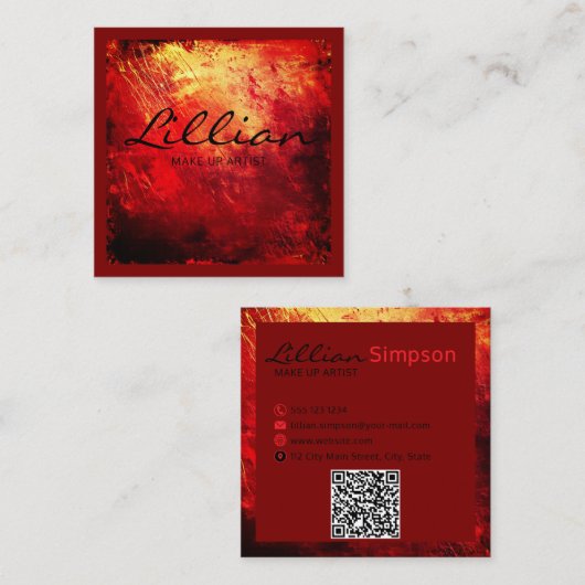 Abstrakter QR-Code in Luxusrot und Gold Quadratische Visitenkarte (Vorne/Hinten)
