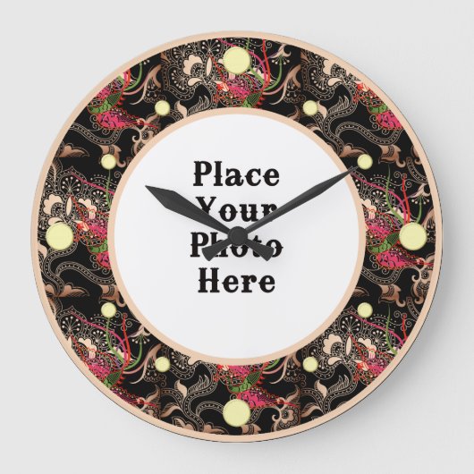 Abstrakter Rahmen mit Roter Flora und Foto Große Wanduhr (Vorderseite)