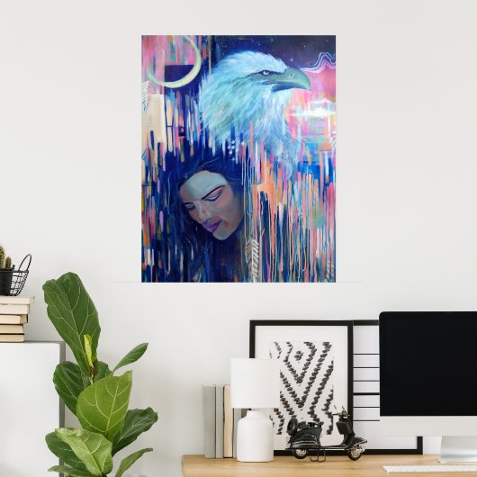 Abstrakter Realismus Eagle & Woman Portraitmalerei Poster (Heimbüro)