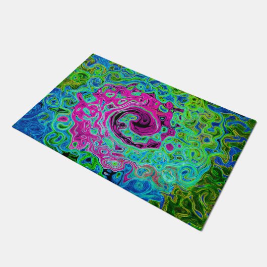 Abstrakter Retro-Swirl in Pink und Blau Groovy Fußmatte (Schrägansicht)