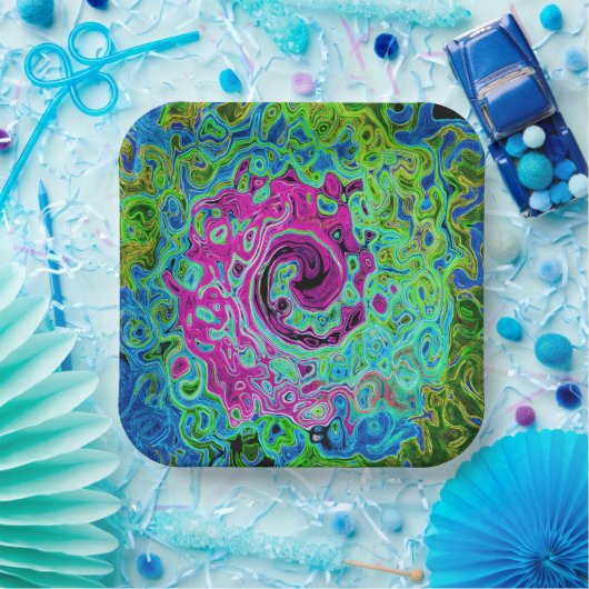 Abstrakter Retro-Swirl in Pink und Blau Groovy Pappteller (Party)