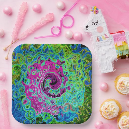Abstrakter Retro-Swirl in Pink und Blau Groovy Pappteller (Party)