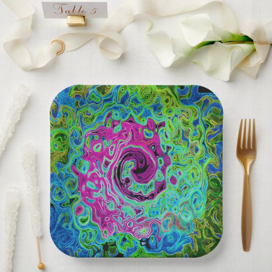 Abstrakter Retro-Swirl in Pink und Blau Groovy Pappteller (Hochzeit)