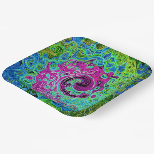 Abstrakter Retro-Swirl in Pink und Blau Groovy Pappteller (Gewinkelt)