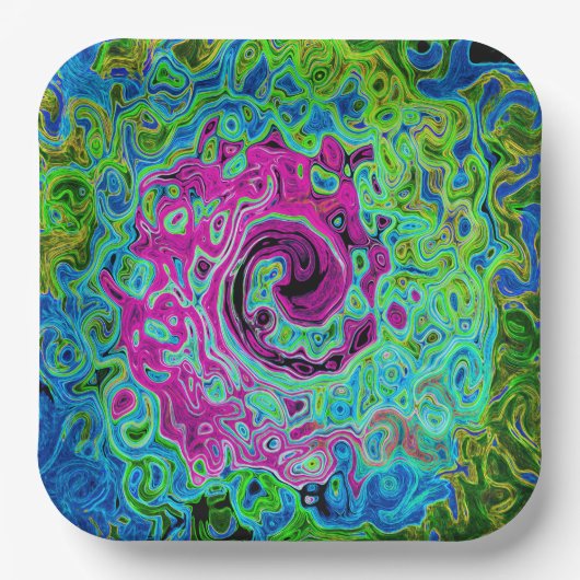 Abstrakter Retro-Swirl in Pink und Blau Groovy Pappteller (Vorderseite)
