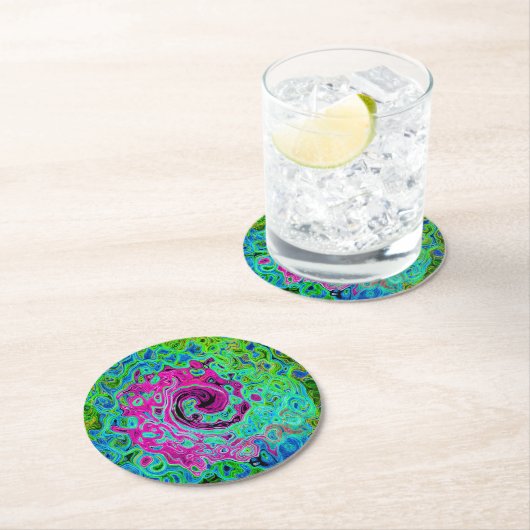 Abstrakter Retro-Swirl in Pink und Blau Groovy Runder Pappuntersetzer (Vor Ort)
