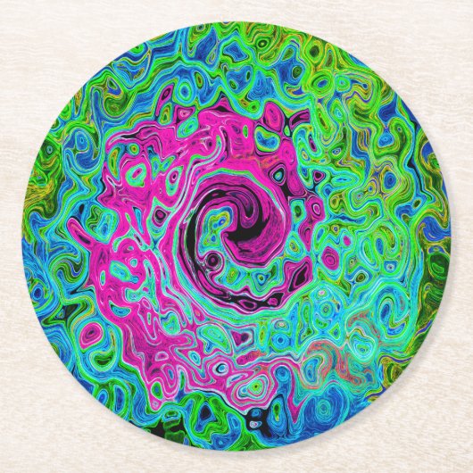 Abstrakter Retro-Swirl in Pink und Blau Groovy Runder Pappuntersetzer (Vorderseite)
