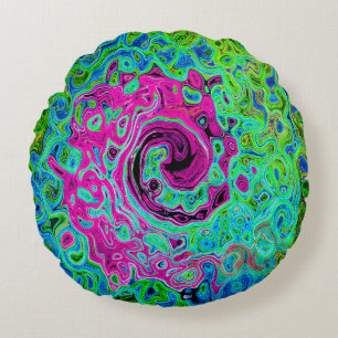 Abstrakter Retro-Swirl in Pink und Blau Groovy Rundes Kissen