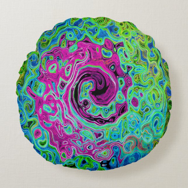 Abstrakter Retro-Swirl in Pink und Blau Groovy Rundes Kissen (Vorderseite)