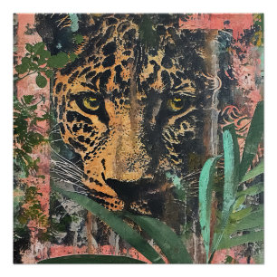 Abstrakter rosa Dschungel Katzenlandschaft Poster