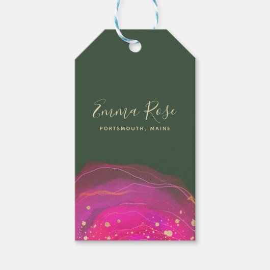 Abstrakter Rosa Green Watercolor Gold Spritzer Pre Geschenkanhänger (Vorderseite)