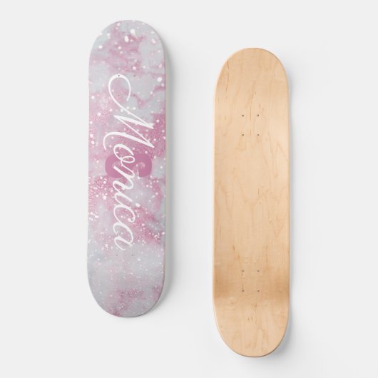 Abstrakter, rosa Lavendel-weißer Glitzer-Marmor Skateboard (Vorderseite)