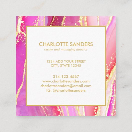 Abstrakter Rosa Watercolor Gold Spritzer Quadratische Visitenkarte (Rückseite)