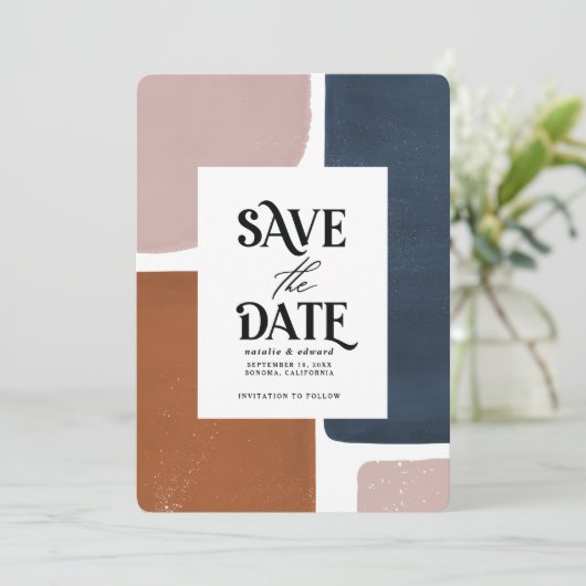 Abstrakter Rost, Marineinfall + rosa, modern Save Save The Date (Stehend Vorderseite)