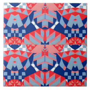 abstrakter rot-blau-weißer Druck #1 Fliese
