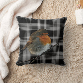 Abstrakter Rotkehlvogel auf schwarzem Tartan Kissen