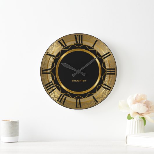 Abstrakter Schwarz-Gold-Damast Große Wanduhr (Zuhause)