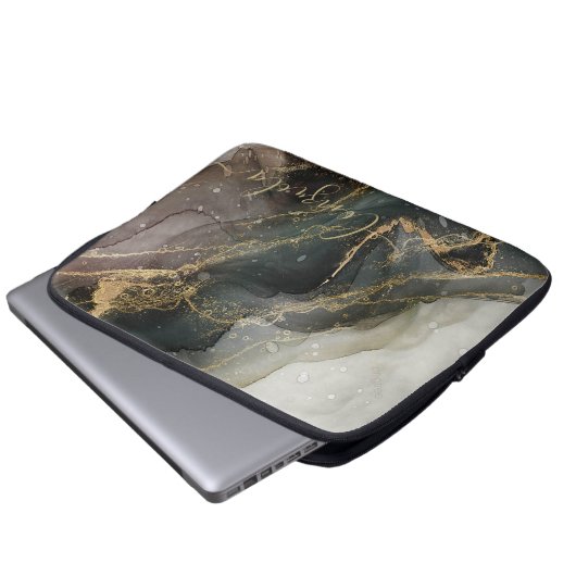 Abstrakter Schwarz-Gold-Marmor Laptopschutzhülle (Vorne Knopf)