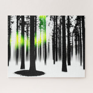 Abstrakter Schwarz- und Weißwald mit grünem Glanz Puzzle