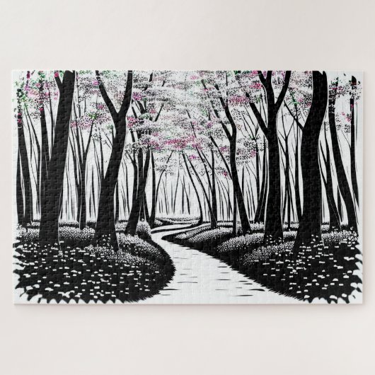 Abstrakter Schwarz-Weiß-Silhouette-Waldweg Puzzle (Horizontal)