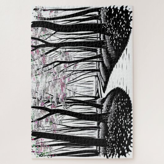 Abstrakter Schwarz-Weiß-Silhouette-Waldweg Puzzle (Vertikal)