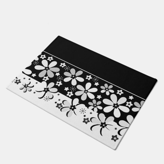 Abstrakter Schwarz-weißer Cartoon Blume Blumendesi Fußmatte (Schrägansicht)