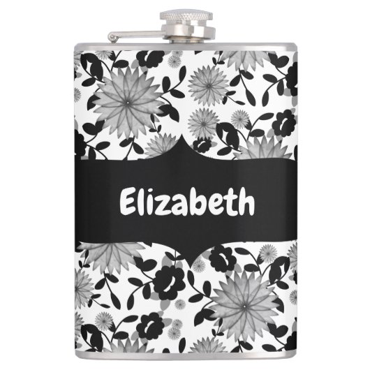 Abstrakter Schwarz-weißer Florals Designer Flask Flachmann (Vorderseite)