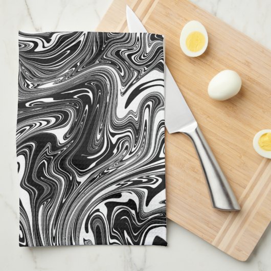 Abstrakter schwarzer und weißer Flüssig-Marmor Geschirrtuch (Viertel Falte)