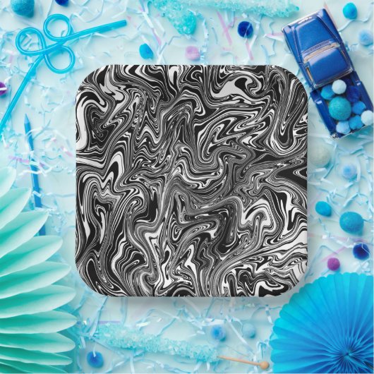 Abstrakter schwarzer und weißer Flüssig-Marmor Pappteller (Party)