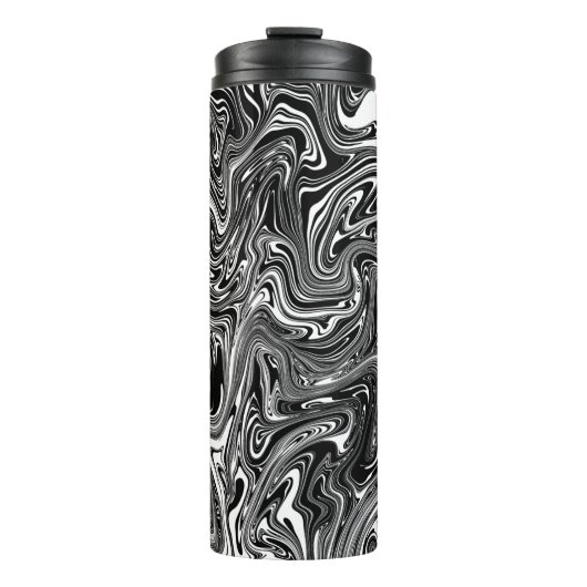 Abstrakter schwarzer und weißer Flüssig-Marmor Thermosbecher (Vorderseite)