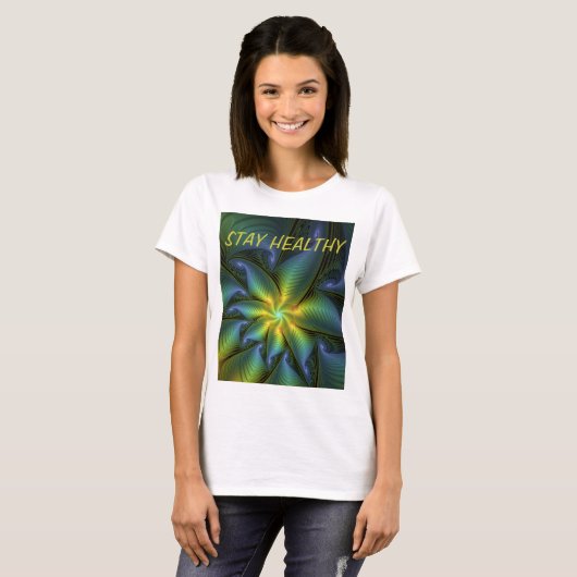 Abstrakter Shiny Blue Green Golden Fraktal Text T-Shirt (Vorne ganz)