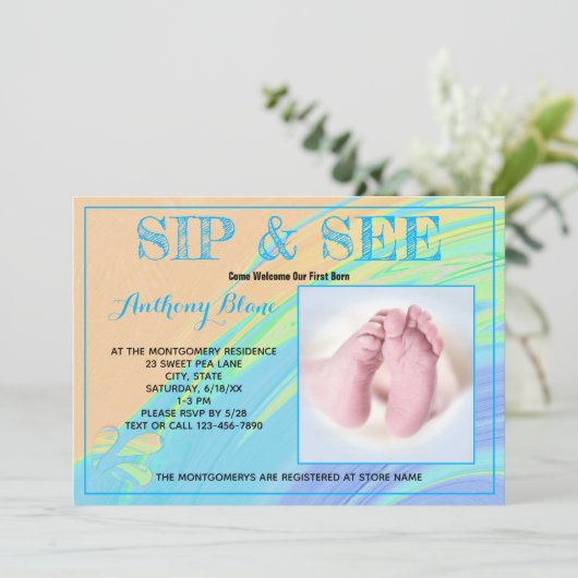 Abstrakter Sip mit blauem Trim und benutzerdefinie Einladung (Stehend Vorderseite)