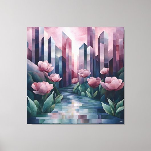 Abstrakter Stadtgarten mit geometrischen Türmen un Leinwanddruck (Vorderseite)