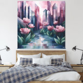 Abstrakter Stadtgarten mit geometrischen Türmen un Leinwanddruck (Insitu (Schlafzimmer))
