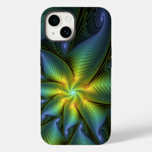 Abstrakter Stern, Shiny Blue Green Golden Fraktal Case-Mate iPhone 14 Hülle