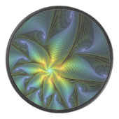 Abstrakter Stern, Shiny Blue Green Golden Fraktal Eishockey Puck (Vorderseite)