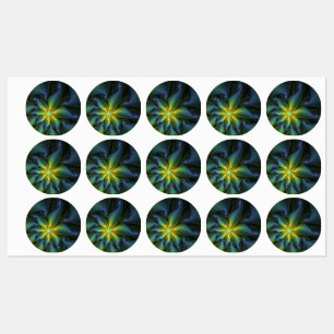 Abstrakter Stern, Shiny Blue Green Golden Fraktal Etiketten